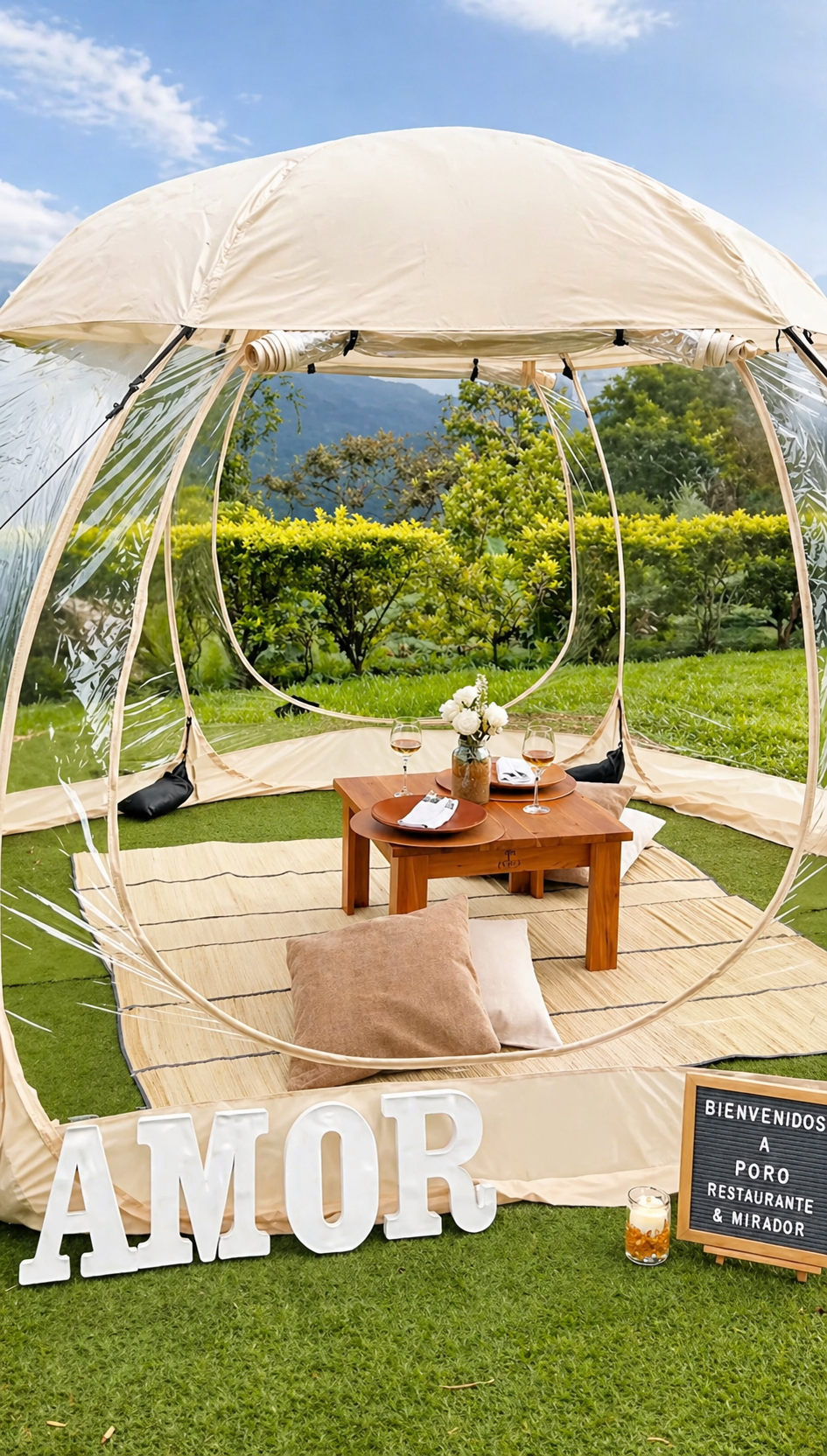 Evento privado en domo transparente con mesa montada para dos y letras AMOR en el jardín de Poró